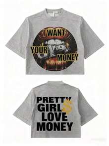 Fly "I Want Your Money" Hip-Hop Style T-Shirt, 100% Cotton, Double-Sided Print, Suitable For Men And Women, The Best Gift For Summer, Casual Short Sleeve T-Shirt - Premium Cotton T-Shirts With Graphic Print And Round Neck - Unisex Loose Fit T-Shirt, Comfortable, Urban Vintage Style. - 灰色 - 查看 8