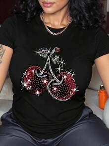 Cherry, Strawberry, Lemon 1 Glitter Casual Sweet Party Elegant None Beach Holiday Sporty Office Home Comfortable Cherry Print Crew Neck T-Shirt, With Party And Holiday Atmosphere, Black Blouses For Women, For Spring/Summer - 黑色 - 查看 7