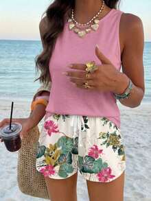 Conjunto de 2 piezas de pantalones cortos con estampado floral en todo el diseño en color café claro y top de camiseta sin mangas de cuello redondo negro, estilo casual de vacaciones con vibra retro para primavera/verano - Multicolor 3 - Ver 8