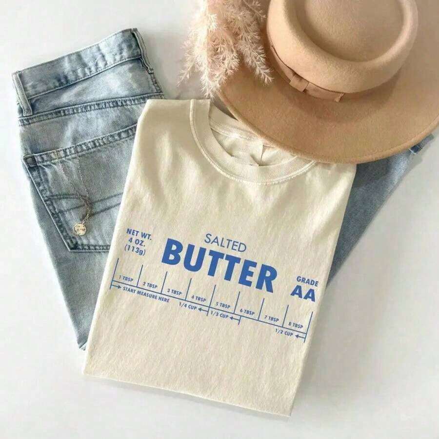 [Graphic Tee] 100% Cotton Comfort Butter Shirt, Funny Baking Shirt, Salted Butter Tshirt, Baker Gift, Butter Lover Shirt, Foodie Gift, Stick Of Butter Shirt, Spring Tops, Summer Camisas, Autumn Short Sleeves Camiseta, S-7XL T-Shirt For All Body Types, Perfect For Dates, Outdoor Activities And Casual WearWomen's Summer Clothing, Suitable For Graduation Ceremonies And Soccer Games,4th Of July Outfit Women - Màu be - Xem 1