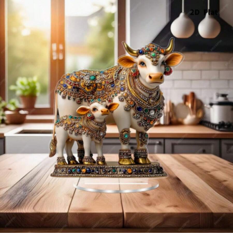 1 pieza Soporte de escritorio de acrílico plano impreso 2D con diseño de vaca sagrada y ternero, decoración de joyería de estilo religioso de lujo, diseño de silueta de animal blanco/dorado/colorido - A - Ver 1