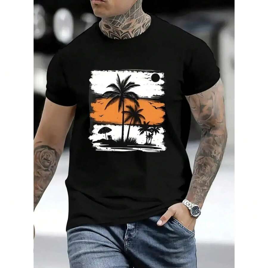 [100% Cotton] Palm Tree Print T-Shirt, Casual Short Sleeve - Comfortable Crew Neck, Soft And Stylish T-Shirt, Urban Clothing, 90s Tropical Style Short Sleeve Graphic T-Shirt, Casual Summer Crew Neck T-Shirt, Casual And Loungewear - 黑色 - 查看 1