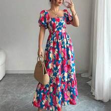 Elenzya Floral Print Waist Defined Puff Sleeve Square Neck Women Dress - Amarillo - Ver 3
