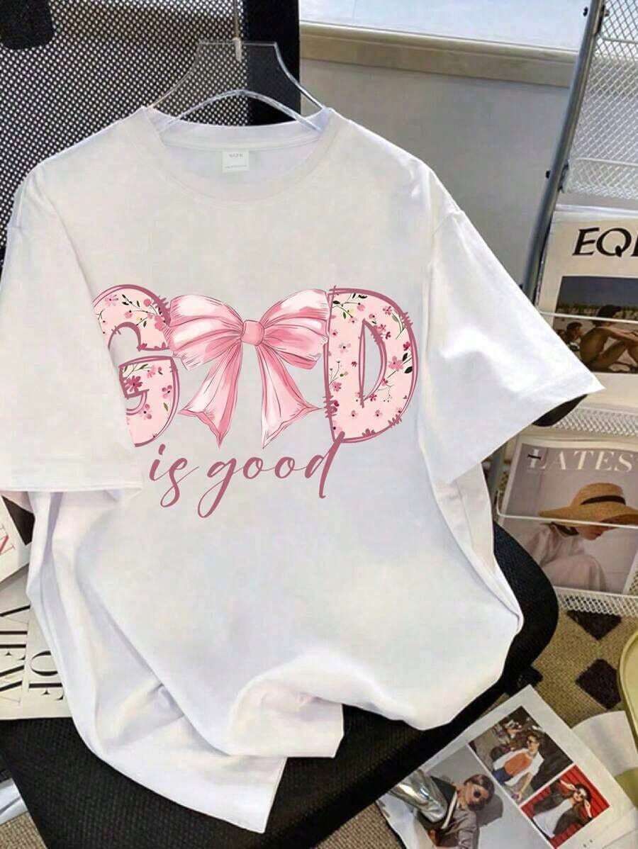 Print T-shirts T-shirts Women's Letter Basic T-shirts for Women Camiseta divertida Cotton T-shirts for Women Suéter de chica adolescente Tween dulce con patrón de mariposas y letras, camiseta de cuello redondo, nueva colección primavera/verano PVJC - Blanco - Ver 1