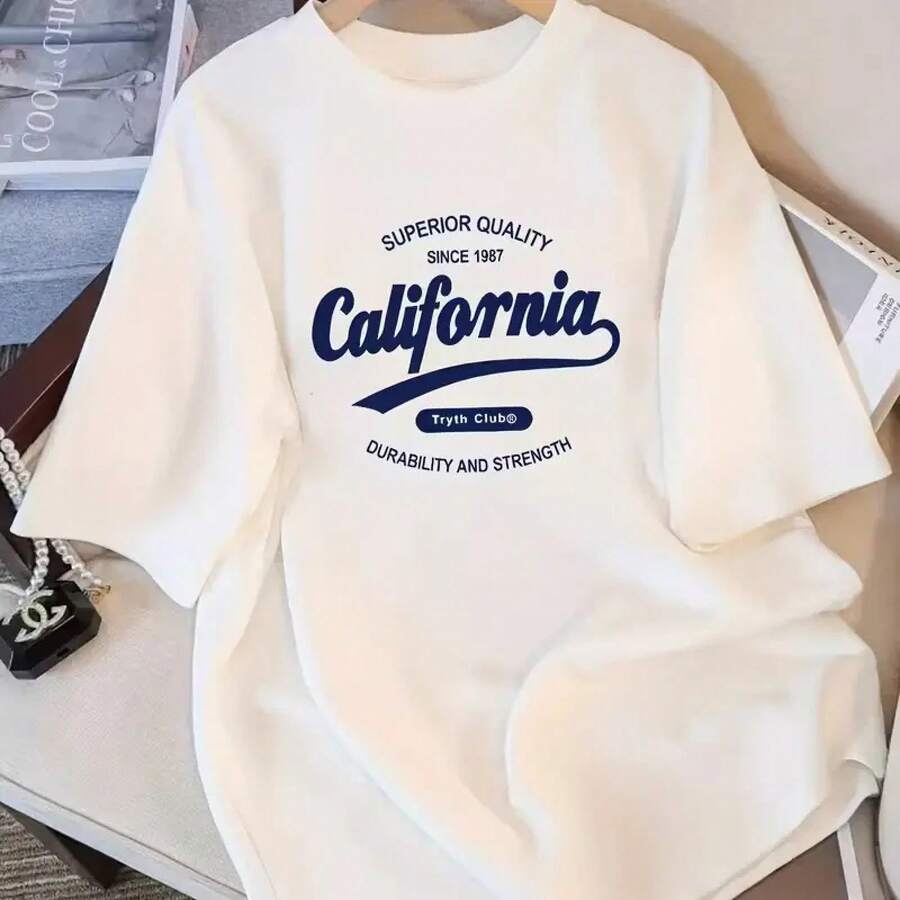 Women's Y2K-Inspired 'California' Graphic Crop Top - Slim Fit, Short Sleeves, Stretch Polyester Blend, White With Blue Lettering, Ideal For Summer And Casual Wear, Summer Tee. - 白色5 - 查看 1
