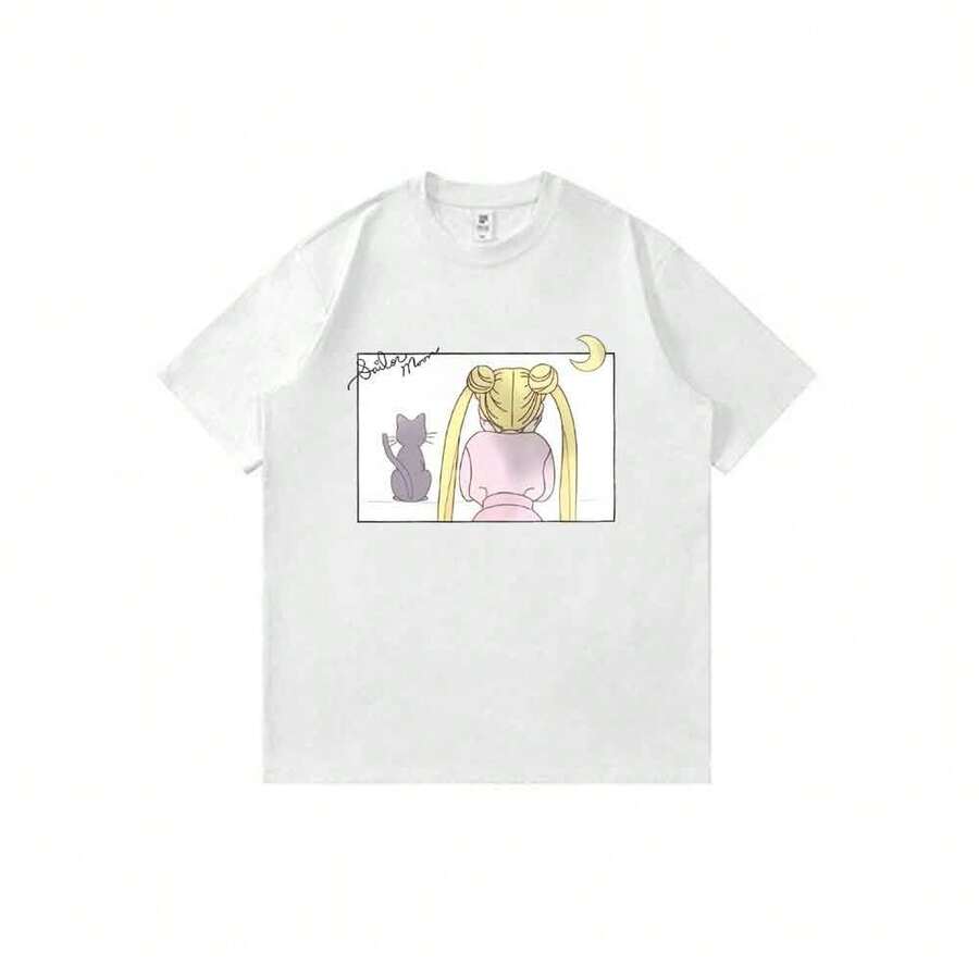 Camiseta unisex de manga corta con estampado gráfico de dibujos animados de Sailors Moons, Usagis y Luna, vista trasera. - Blanco - Ver 1