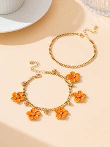 1 Set Handmade Orange 5-Petal Flower & Golden Ball Pendant Anklet, Vintage French Elegant Style (No Gift Box) - Orange - View 3