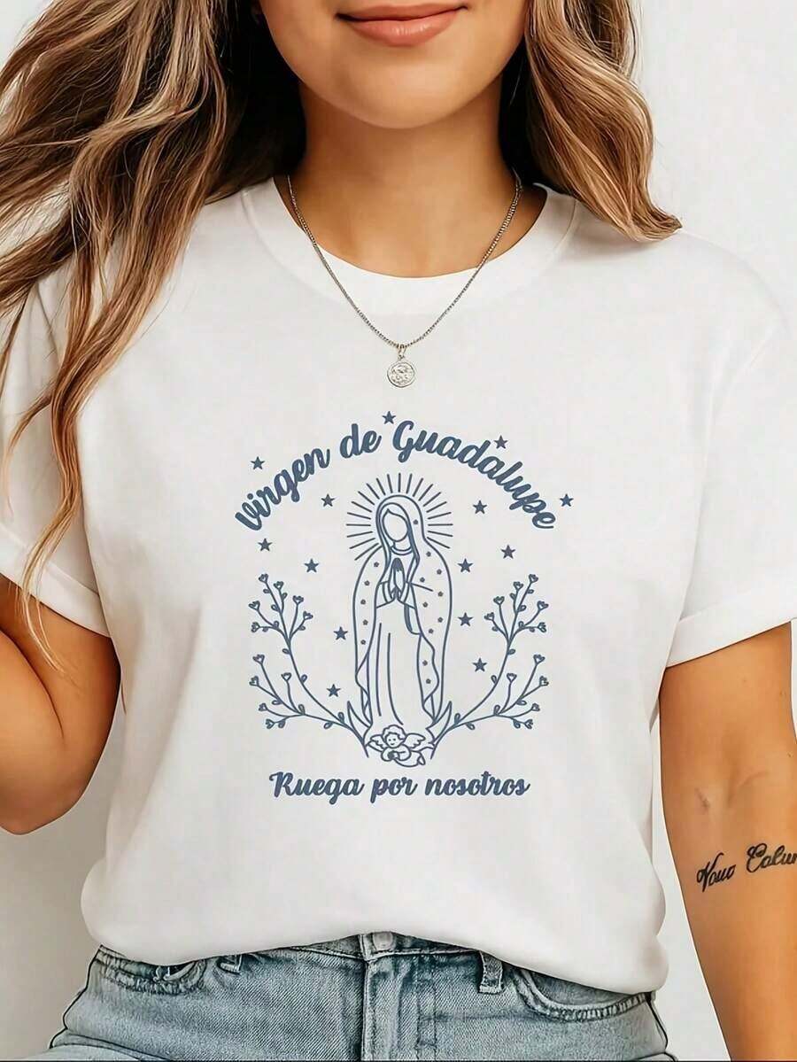 SummerVirgen De Guadalupe Our Lady Of Guadalupe Tshirt Virgen De Guadalupe Shirt Virgin Mary Shirt, Camiseta GráFica De Mujer De Manga Corta Con Cuello Redondo, Para Uso Diario Casual, Camis - Blanco - Ver 1