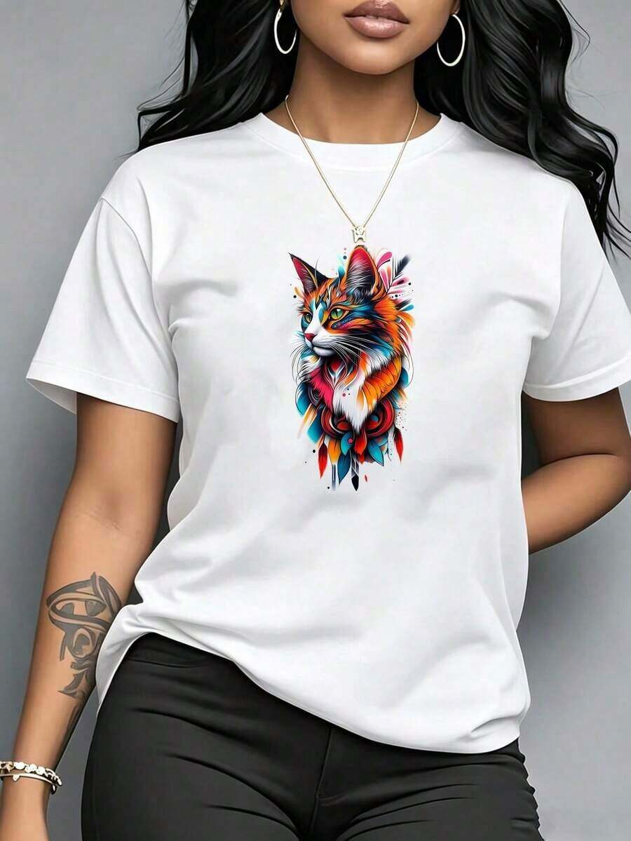 ComfortableCamiseta de manga corta con cuello redondo para mujer -- Camiseta de mujer, elegante y con estilo, casual y cómoda, adecuada para uso en vacaciones, camiseta de algodón puro para - Blanco - Ver 1