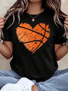 Women's Basketball Heart Design T-Shirt, Casual Sporty Style, Orange Heart Print Graphic Tee, Perfect For Basketball Fans And Sports Lovers, Daily Wear Or Gift Idea, Suitable For Spring, Summer And Autumn. - 黑色 - 查看 1