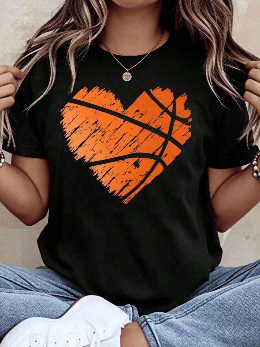 Women's Basketball Heart Design T-Shirt, Casual Sporty Style, Orange Heart Print Graphic Tee, Perfect For Basketball Fans And Sports Lovers, Daily Wear Or Gift Idea, Suitable For Spring, Summer And Autumn. - 黑色 - 查看 1