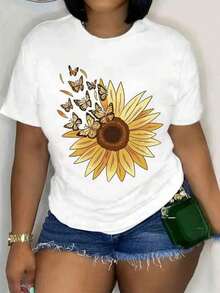 Camiseta Deportiva Casual de Cuello Redondo con Estampado de Girasoles - Camisetas Deportivas de Primavera Verano para Mujer - Blanco - Ver 1