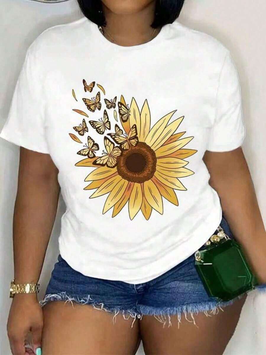 Camiseta Deportiva Casual de Cuello Redondo con Estampado de Girasoles - Camisetas Deportivas de Primavera Verano para Mujer - Blanco - Ver 1