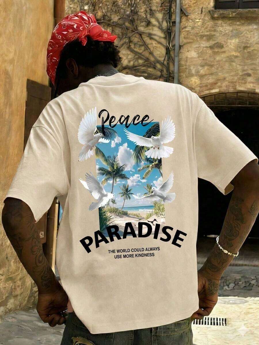 Fractyr Men's Fashionable Printed Loose Fit Short Sleeve T-Shirt | Exquisite Design | Racing Car And Cherry Blossom Print | Summer Essential | Easy To Match, Show Off Your Style - 杏子 2 - 查看 1
