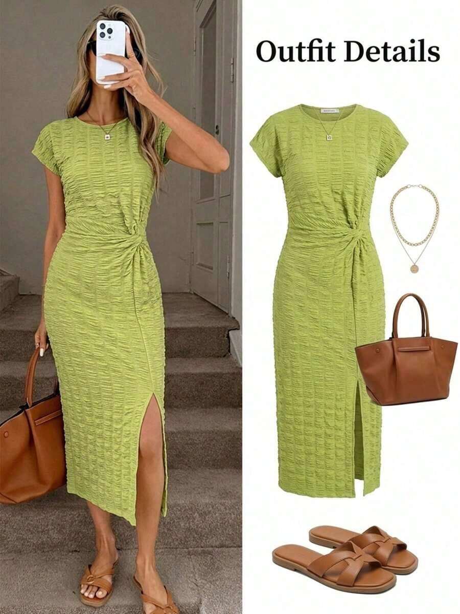 Vestido midi casual de mujer con estampado de lunares, cintura retorcida y abertura alta sin mangas; Vestido ajustado texturizado casual de mujer; Conjunto de fitness de mujer; Vestido de invitada de boda de mujer; Atuendo de oficina de mujer - verde aguacate - Ver 1