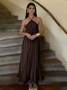 de línea A elegante, refinado, romántico, digno, minimalista para ir al trabajo, uso diario, Día de San Valentín, citas, fiestas, invitados de boda, vacaciones - Marrón - Ver 2
