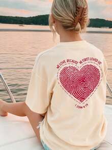 Camiseta de manga corta de verano para mujer con estampado de corazón y letra minimalista, de corte holgado y versátil, de cuello redondo, en color beige. Elegante y adecuada para uso diario, así como para crear un ambiente apropiado para el Día de San Valentín.Pure-Cotton - Albaricoque - Ver 7