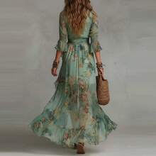 New Summer Women's Floral V Neck Long Dress European American Style Elegant Printed Holiday Dress - 綠色 - 查看 3