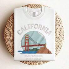 Camisa de lino casual con estampado del Puente Golden Gate de San Francisco - Camisa, conjunto de jeans y zapatillas de deporte de California West, estilo playero con sombrero de paja de verano, para el Día de los Héroes, Día del Trabajo y vacaciones de verano, top casual de manga enrollada Wo2026 - Sudadera con estampado gráfico - Estilo callejero vintage, unisex, holgada, de algodón, de manga corta y cuello redondo. Blusas para mujer. blusas.blusas casuales para dama. - Blanco - Ver 3