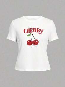 Women's Casual T-Shirt, Short Sleeve, Round Neck, Cherry Print, Loungewear, Unisex, 100% Cotton, Durable - 白色 - 查看 2