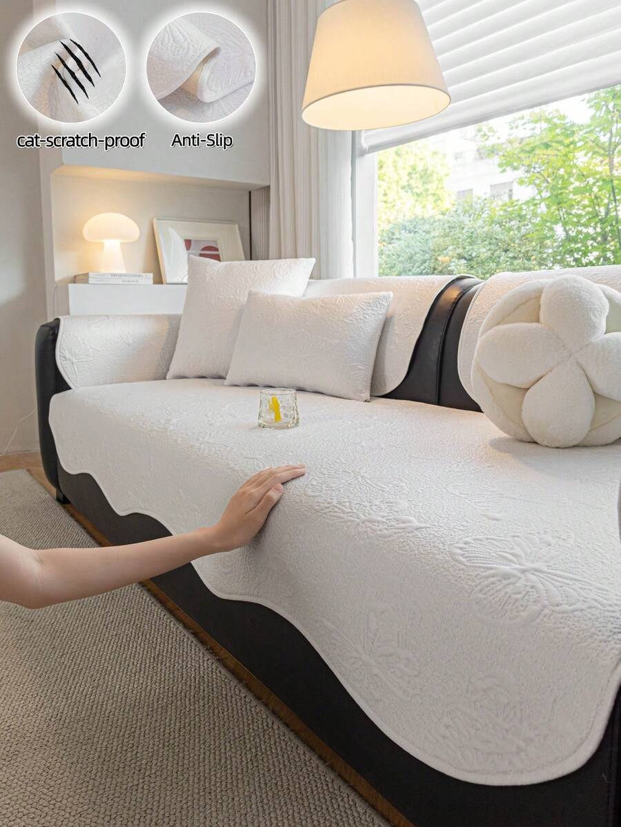 1 pieza Funda de cojín de sofá de chifón con textura jacquard de unicolor, funda de lujo moderna para sofá, para uso en todas las estaciones, fija antideslizante y transpirable, resistente a las arrugas, de textura suave y fina, protege el sofá, lavable a máquina, no deformable, resistente al desgaste, anti-arañazos de gato, anti-manchas, renovación de sofá, decoración de sofá, mejora el ambiente, se ajusta a sofás de 1-4 plazas, sofá en forma de L - Blanco - Ver 1