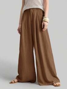 Ontre 2026SS Nuevos pantalones de pierna ancha para mujer, pantalones casuales y sueltos con cintura plisada, adecuados para estilo bohemio, Ibiza, vacaciones, festivales, invitados de boda, oficina, maestros, vuelta al colegio, con bolsillos, ajuste relajado, elegante estilo urbano chic, pantalones versátiles para mujer para primavera/verano - Marrón - Ver 8