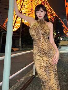 Bestselling Leopard Print Wrap Dress, High Waist, Open Back, Fitted Cut - Gold - View 3