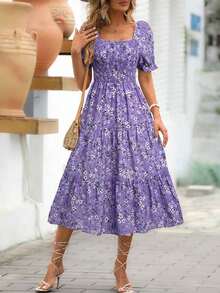Clasi Vestido de línea A con mangas abullonadas y estampado floral para mujer - Púrpura malva - Ver 3