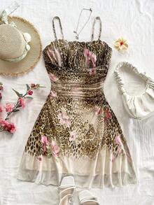 Vestido de tirantes de malla con estampado floral azul y blanco para vacaciones de verano de mujer - Multicolor - Ver 1