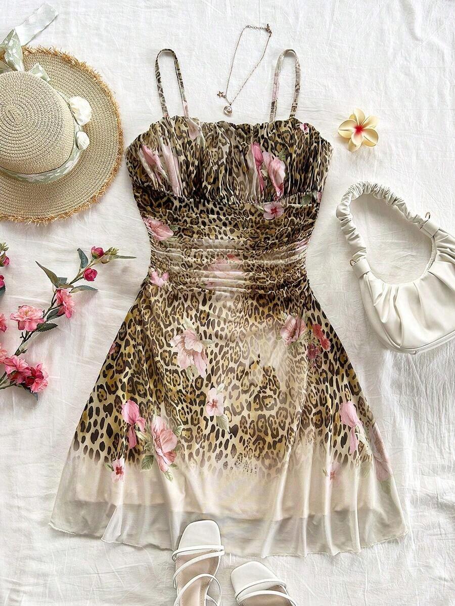 Vestido de tirantes de malla con estampado floral azul y blanco para vacaciones de verano de mujer - Multicolor - Ver 1