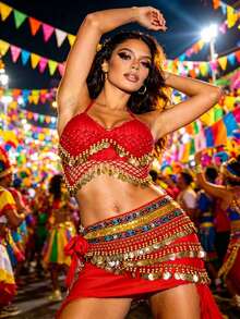 Carnival Festival Coin-Embellished Halter Crop Top With Multi-Layer Coin Hip Wrap For Parade, Rave & Themed Party (Available In Multiple Colors) - Multicolor - View 20
