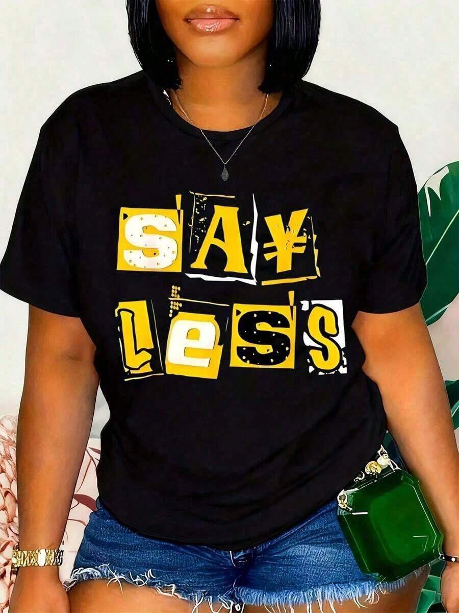 Women's "Say Less" Graphic T-Shirt - Bright Yellow And Black Typographic Design, Casual Summer Top, Streetwear Style, Comfortable Cotton T-Shirt - 黑色 - 查看 1