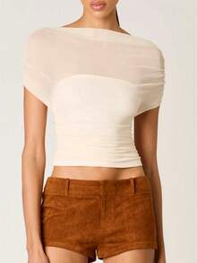 Women's Y2k Off The Shoulder Sheer Mesh Tops See Through Solid Color Short Sleeve Ruched Slim Fit Crop Tops Going Out Streetwear - Ivory - View 1