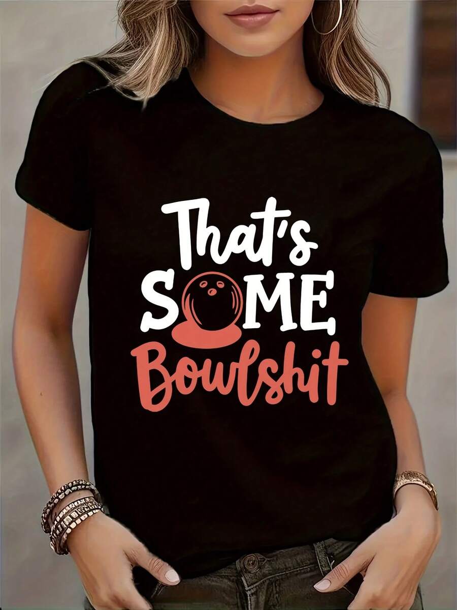 Women's Casual Printed T-Shirt, Round Neck, Short Sleeves, Regular Fit, 95% Elastic Fiber 5% - Comfortable T-Shirt For All Seasons - Unisex Urban Vintage Style, Loose Cotton T-Shirt With Round Neck And Short Sleeves - 黑色 - 查看 1