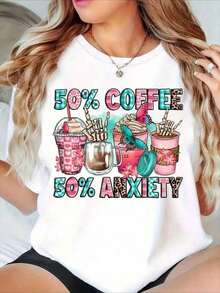 Casual Clothing 50% Coffee 50% Anxiety Graphic T-Shirt With Cute Drink Design For Coffee Lovers And Fans Of Relatable Humor. Bohemian T-Shirt Blouses For Women > Shirt - 白色 - 查看 6