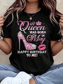 Women's T-Shirt With High Heel And Crown Print, "The Queen Was Born In May, Happy Birthday To Me", Birthday Celebration Gift For Women - 黑色 - 查看 7