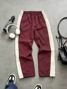 Pantalones deportivos casuales de verano de pierna recta con bloques de color para hombres - Burdeos - Ver 2