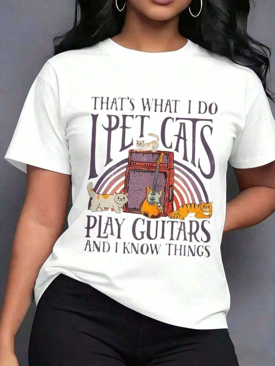 1 Piece Women's Pure Cotton Short Sleeve Crew Neck T-Shirt With Print "That's What I Do: Pet Cats Play Guitar And I Know Things", Vintage Retro Casual Style, 180g 100% Cotton. - 白色 - 查看 1