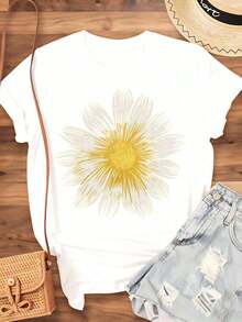 Women's Daisy Flower Print T-Shirt, Casual Summer Short Sleeve Round Neck Graphic Design Top For Daily Wear And Holiday Outfits, 220g - 白色 - 查看 4
