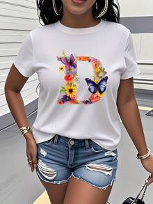Women's Pure Cotton T-Shirt, Casual Loose Style, With Letter D Print, Casual And Fashionable Short Sleeve Sweatshirt, Round Neck T-Shirt For Women. - 白色 - 查看 1