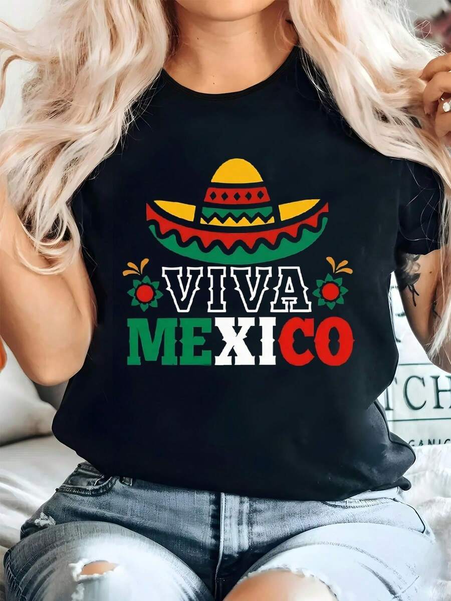 Women's Mexican Style T-Shirt, Loose Fit Printed T-Shirt, Plus Size Top For Women, Christmas Celebration Themed T-Shirts For Women - 黑色 - 查看 1