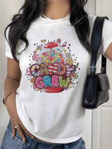 Women's 100% Cotton T-Shirt With Vintage Bubble Gum Print - Loose Fit, Short Sleeve, Candy Team Design, Casual Summer Garment, Suitable For Daily Wear, Machine Washable. - 白色 - 查看 6