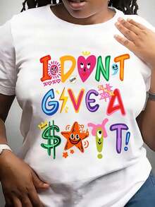 New arrivals for summer.Plus Size-Women's Colorful Graphic T-Shirt, "I DON'T GIVE A" Bold Text, Casual Loose Fit, Summer T-Shirt, Comfortable Style, Plus Size-1-5Blouse,Shirt > Beautiful. - Blanco - Ver 1