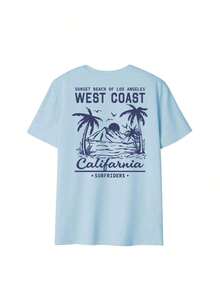 Women's Short-Sleeved T-Shirt With A Round Neck, Casual, Minimalist, And Versatile Style, Featuring A Palm Tree Print And Slogan, Suitable For Everyday Wear. Printed T-Shirt, Vacation. Summer - 淺藍色 - 查看 4