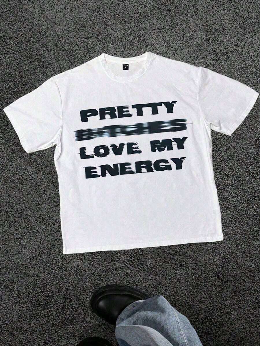 Cute Unisex Premium Casual T-Shirts, 'Positive Vibe' T-Shirt With The Phrase 'PRETTY GIRLS LOVE MY ENERGY', Short Sleeve Casual T-Shirt, Soft, Pure Cotton 220gsm - 白色 - 查看 1