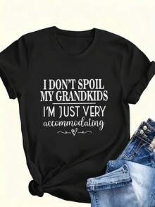 Plus Size Women's Clothing Plus Size Women's Casual Printed T-Shirt - Fun Print With The Phrase "I Don't Spoil My Grandson", Soft And Comfortable Crew Neck Top, Dark Blue With White Heart Design, Machine Washable - 黑色 - 查看 1