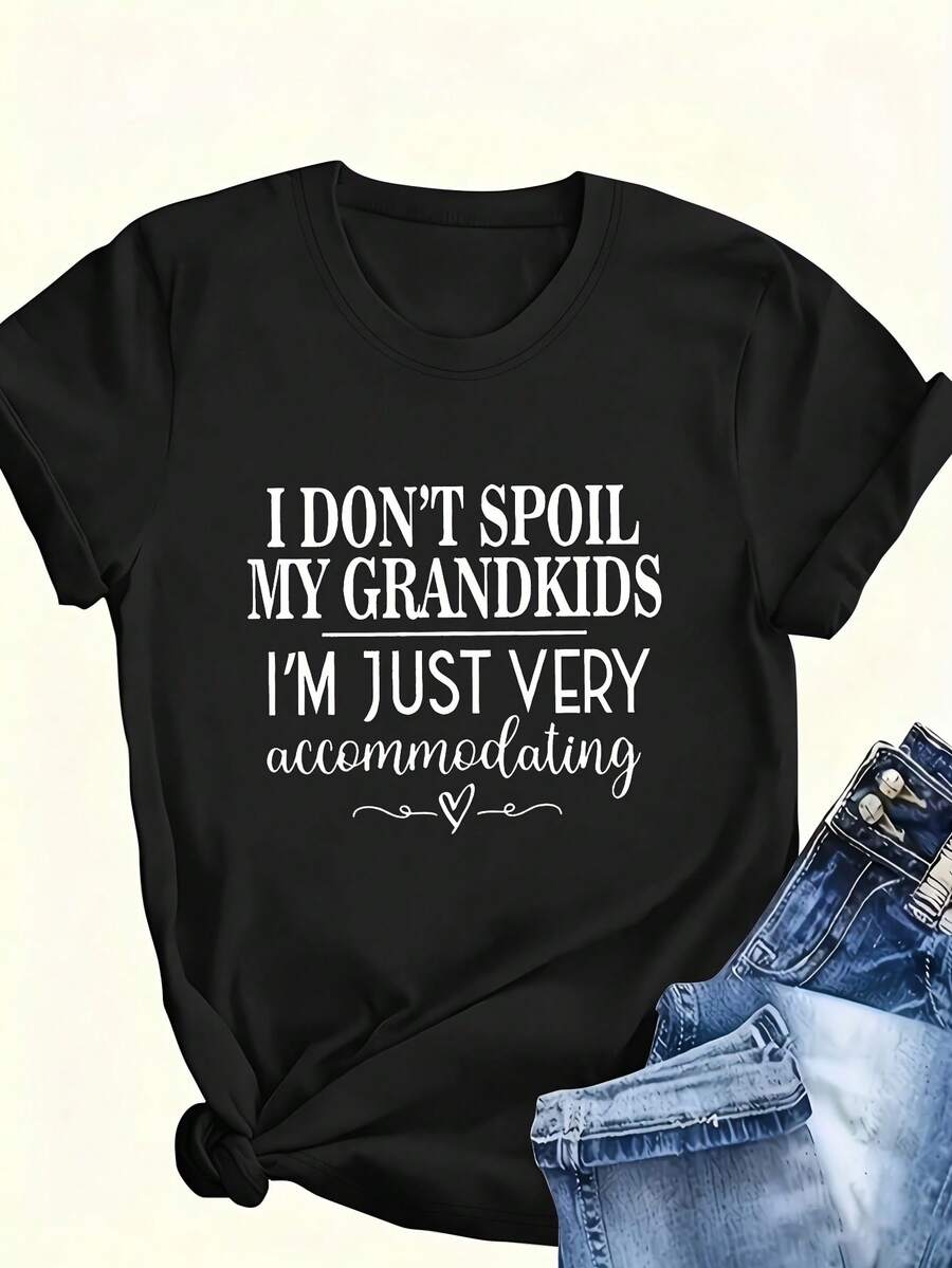 Plus Size Women's Clothing Plus Size Women's Casual Printed T-Shirt - Fun Print With The Phrase "I Don't Spoil My Grandson", Soft And Comfortable Crew Neck Top, Dark Blue With White Heart Design, Machine Washable - 黑色 - 查看 1