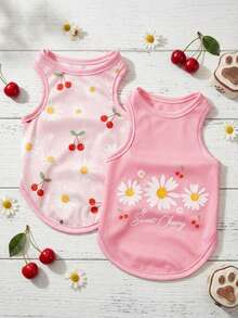 PETSIN 2pc Pet Cat Dog Universal Pink Daisy Cute Print Casual Comfortable Breathable Dog Vest - Multicolor - View 1