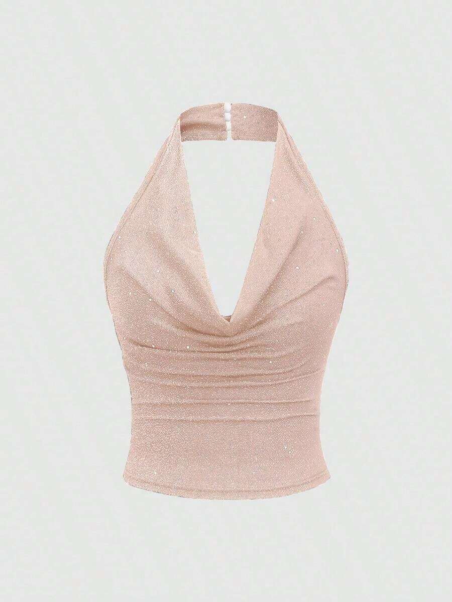 corto de camisola de punto metálico con lentejuelas para mujer, top sexy de espalda descubierta y ajustado al Body - Rosa - Ver 1