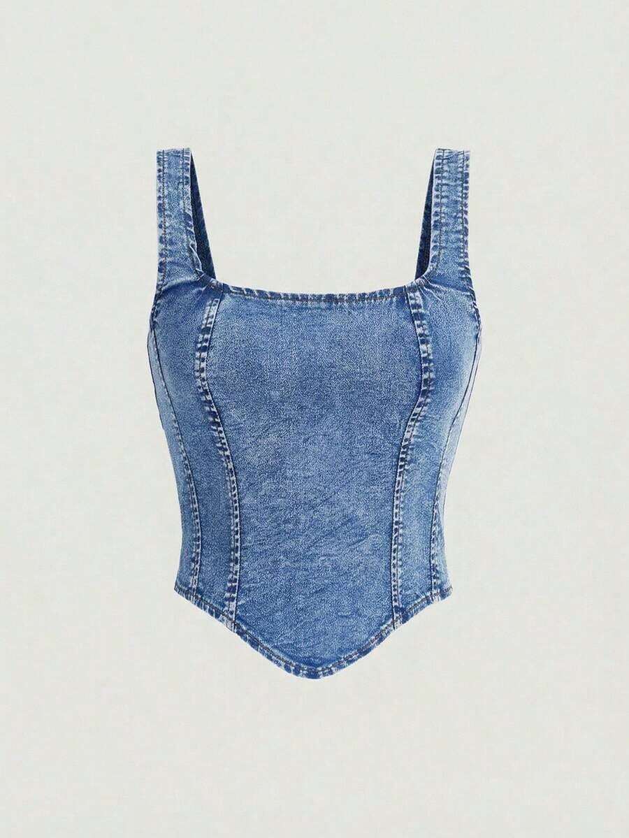 Parte superior de tirantes anchos y cierre trasero de mezclilla casual negra para mujer - Azul lavado medio - Ver 1